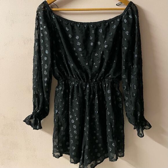 Vintage Y2K Express Black Polka Dotted Long Sleeve Romper Size S EUC - Picture 10 of 12
